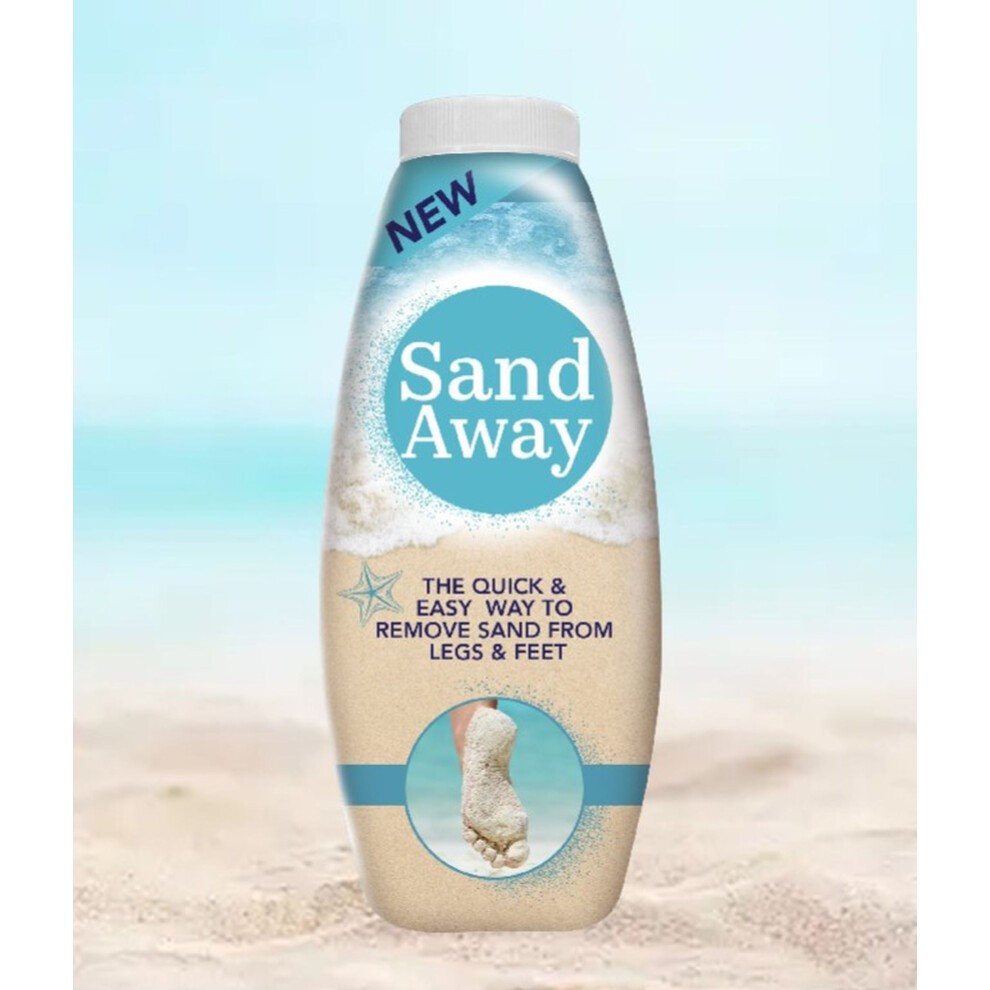 Light blue and beige bottle of "Sand Away" powder sand remover, featuring a foot graphic and text highlighting its quick and easy sand removal for legs and feet, set against a beach background.
