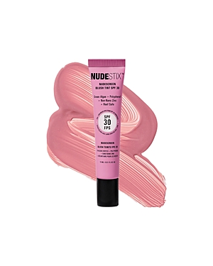 Debenhams Nudescreen Blush Tint SPF 30 in Sunset Rose features a pink tube with black text, alongside a swatch of soft pink blush on a light background.