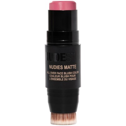 NUDESTIX Nudies Matte All Over Face Blush in shade "Bubba," featuring a sleek black tube with a pink blush stick and a built-in brush for easy application.