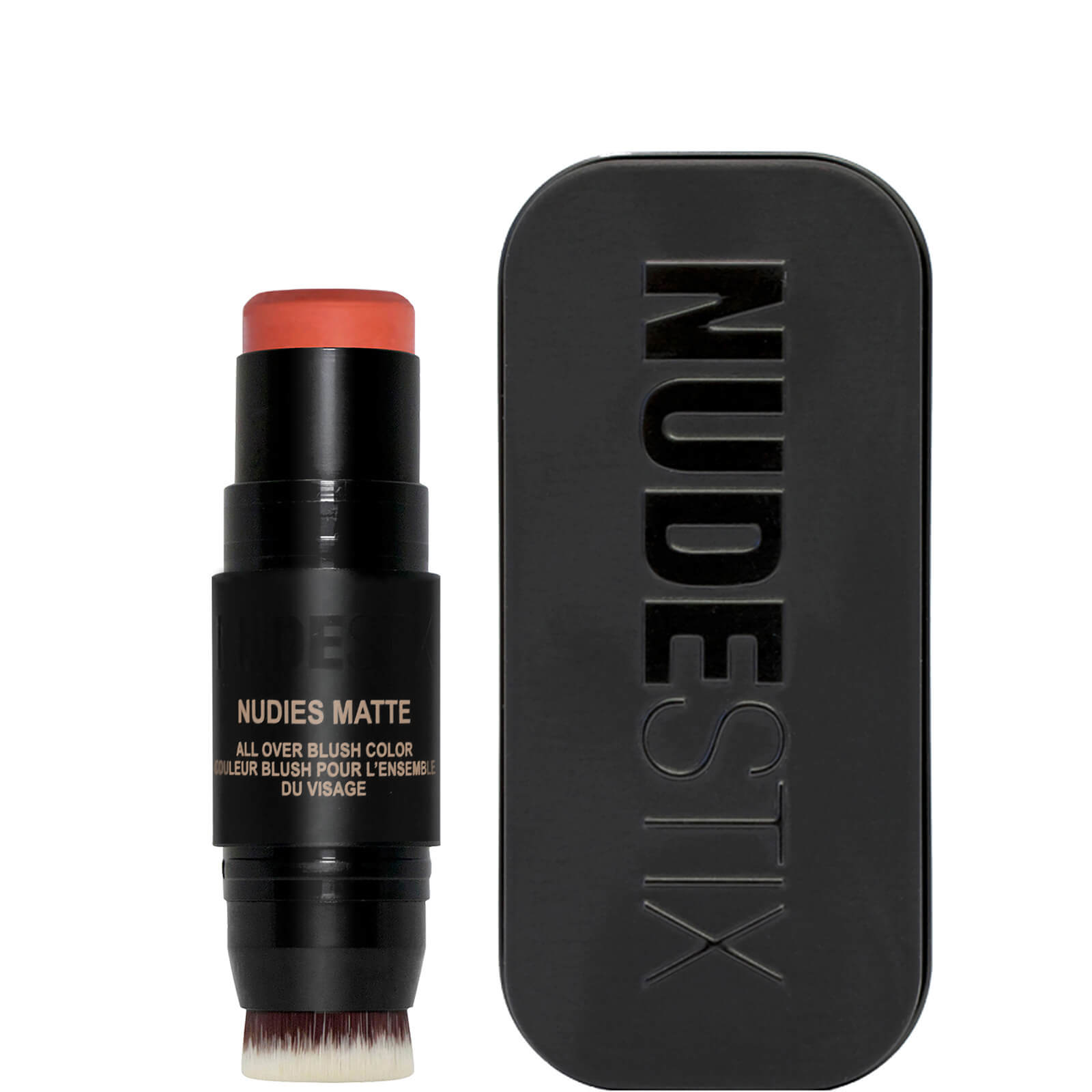 Cream blush stick in a sleek black case, featuring a coral-orange shade labeled "Sunset Strip," with a built-in brush for easy application.