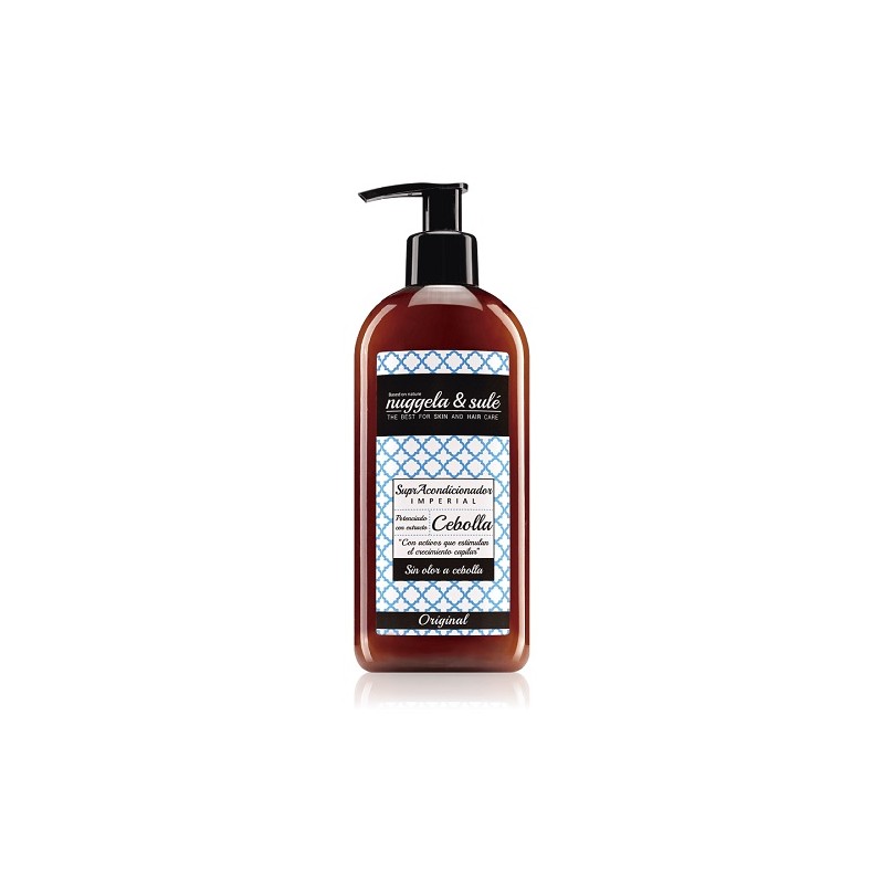 Brown plastic bottle with a black pump top, featuring a blue and white patterned label, labeled "Nuggela & Sul Imperial Supr Conditioner 250ml" with onion extract highlighted.