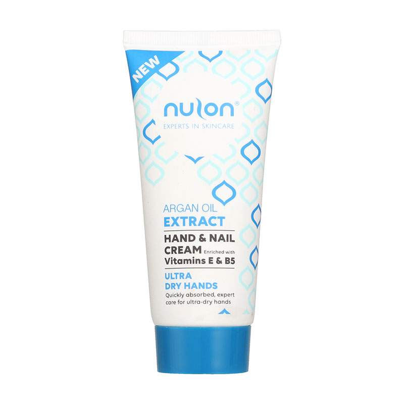 Nulon Argan Oil Extract Hand & Nail Cream in a 75ml white tube with blue geometric patterns, featuring "NEW" and "Ultra Dry Hands" labels, enriched with Vitamins E and B5.