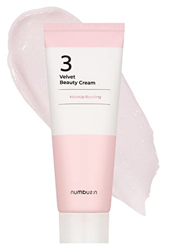 Numbuzin No.3 Velvet Beauty Cream in a pink and white tube, featuring a sleek design, with a creamy texture swatched beside it, labeled for makeup boosting benefits.