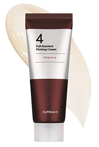 Numbuzin No.4 Full-Nutrient Firming Cream in a sleek brown and silver tube, featuring a creamy texture swatch beside it, enriched with red ginseng.