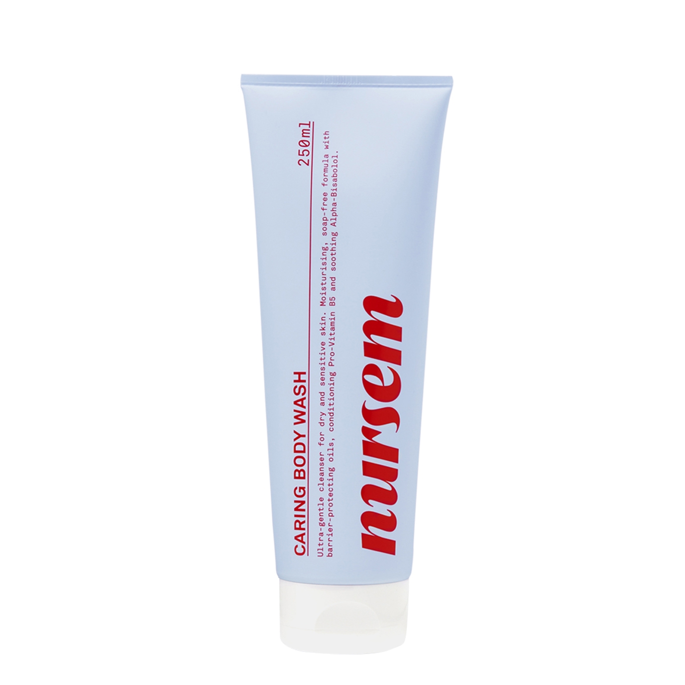 Light blue tube of Nursem Caring Body Wash, 250ml, featuring bold red text; designed for ultra-gentle cleansing of dry and sensitive skin, suitable for eczema.
