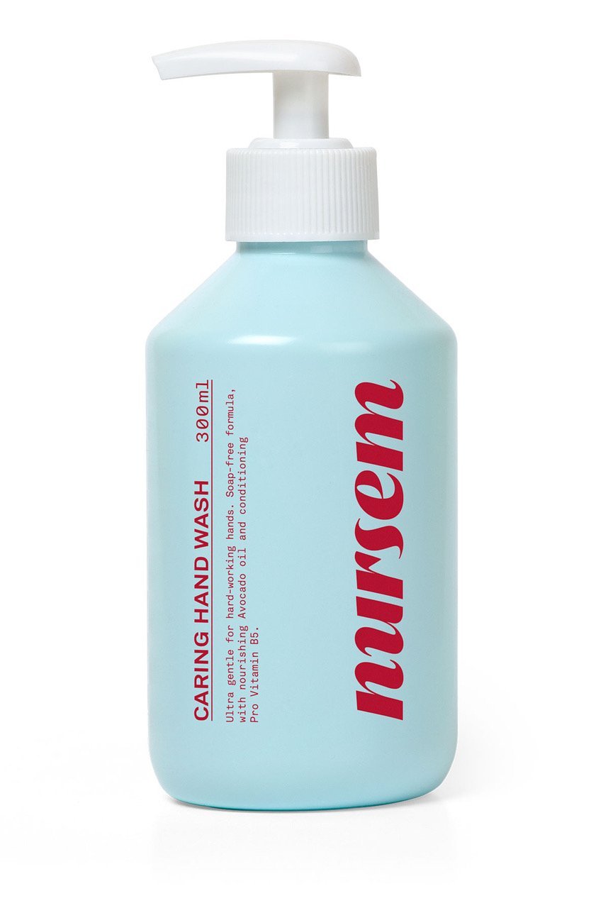 Light blue plastic bottle of Nursem Caring Hand Wash with a white pump top, featuring bold red text and a capacity of 380ml.