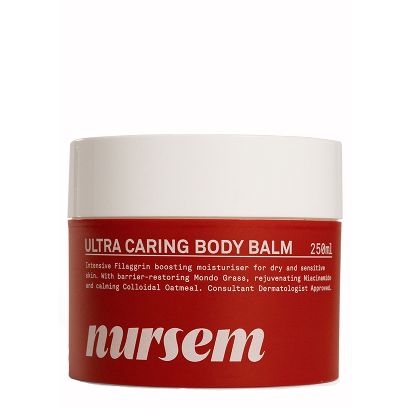 Red cylindrical container of Nursem Ultra Caring Body Balm, featuring white lid and bold white text, labeled as 250ml, highlighting its moisturizing properties for dry and sensitive skin.