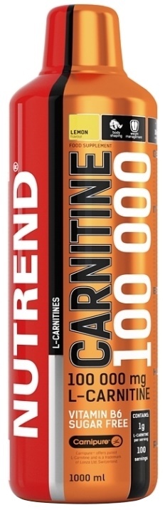 Bright red and orange plastic bottle labeled "Nutrend Carnitine 100 000, Sour Cherry" with a capacity of 1000 ml, featuring a prominent logo and nutritional information.