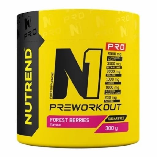 Bright yellow container of N1 Pro Pre-Workout by Nutrend, featuring bold black text, labeled "Forest Berries" flavor, with a net weight of 300g and key ingredients listed.
