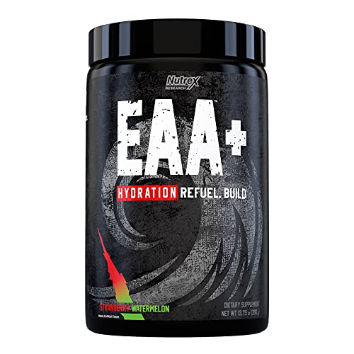 Black container with a textured finish, labeled "EAA+ Hydration" in bold white letters, featuring a vibrant strawberry watermelon flavor graphic and a red splash design.
