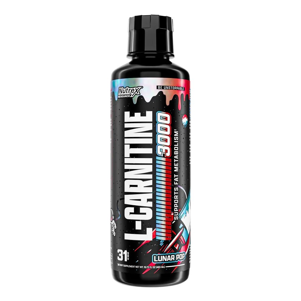 Black bottle with a sleek design, featuring bold white text reading "L-CARNITINE 3000," and colorful accents. The label highlights "Lunar Pop" flavor and indicates 31 servings.