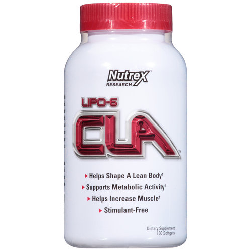 White bottle with a red cap labeled "Nutrex Research CLA 1000," featuring bold red text, containing 180 softgels, with claims on the side about body shaping and metabolic support.