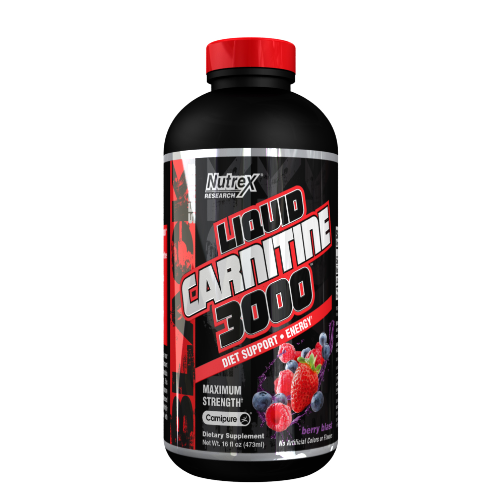 Black bottle with a bold red and white label featuring "Liquid Carnitine 3000" in large text, highlighting berry flavor and dietary supplement details, 16 fl oz size.