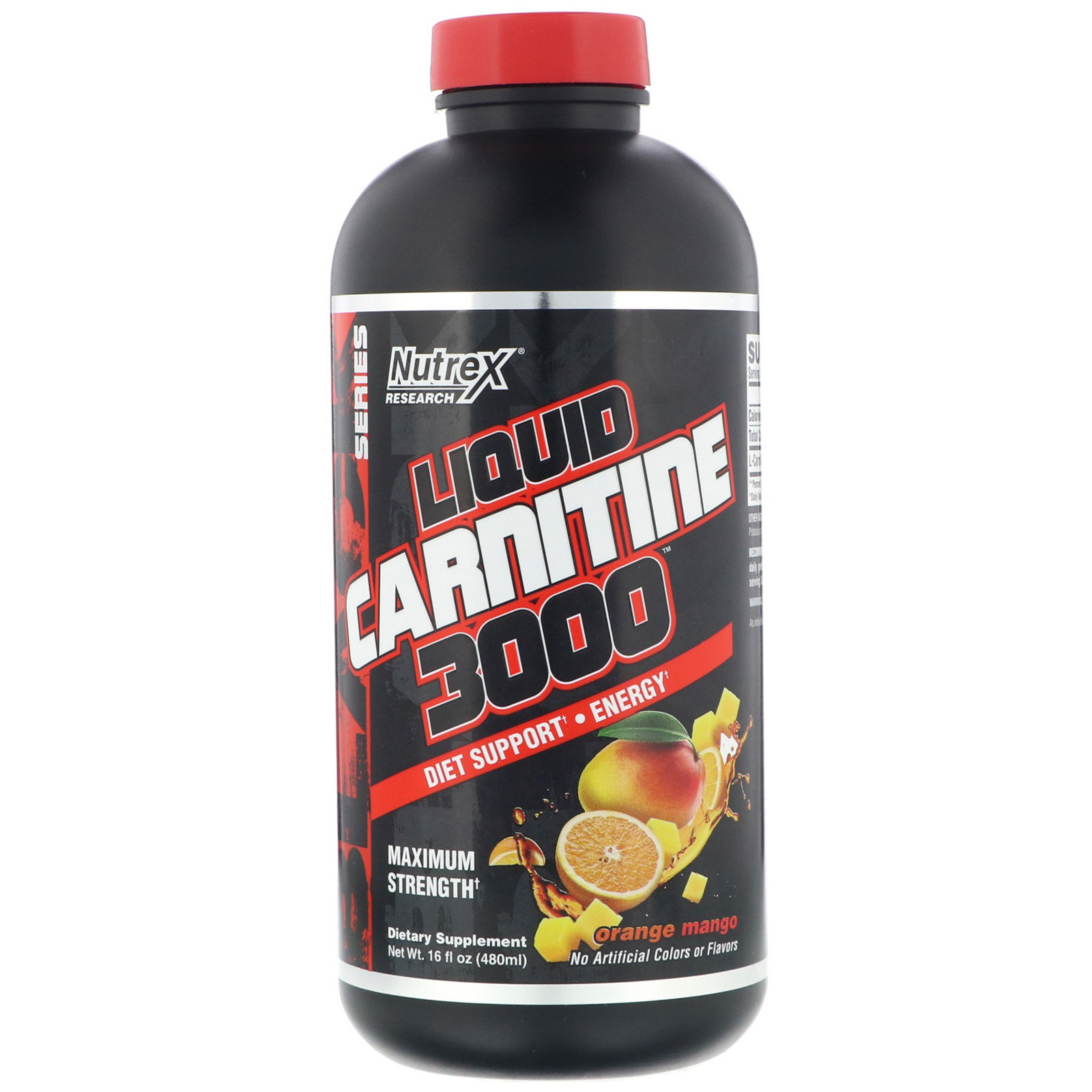 Black bottle with a red and white label featuring "Nutrex Research" and "L-Carnitine 3000" text, showcasing an orange mango flavor, 15.72 fl oz, and dietary supplement details.