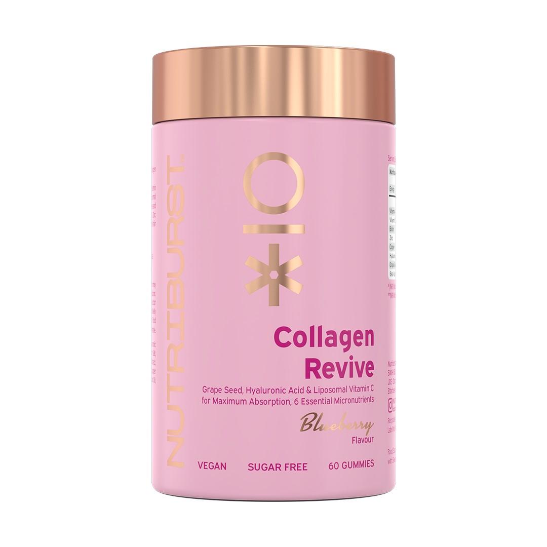 Pink cylindrical container with a rose gold lid, labeled "Nutriburst Collagen Revive," featuring blueberry flavor, containing 60 vegan gummies, and highlighting key ingredients like grape seed and hyaluronic acid.