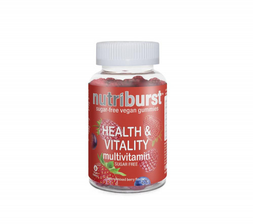 Clear bottle containing red gummies labeled "nutriburst" with "Health & Vitality Multivitamin" in bold white text, featuring a vibrant red and berry-themed design.