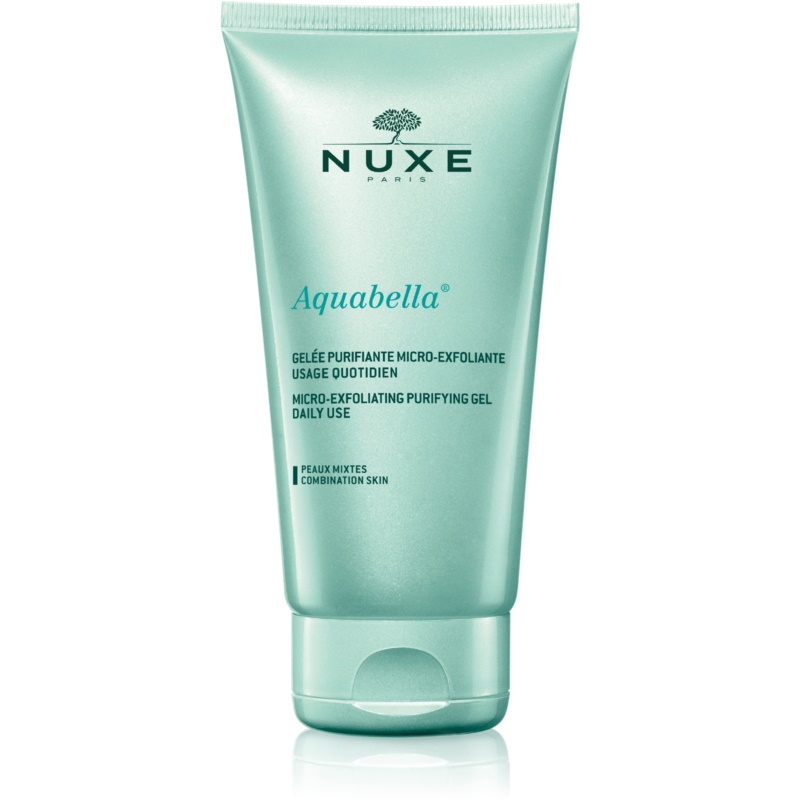 Light turquoise tube of Nuxe Aquabella Microexfoliating Cleansing Gel, featuring a flip-top cap, with white text and a tree logo, designed for daily use on combination skin.