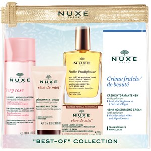 Nuxe "Best-of" Collection Gift Set featuring five skincare products in a clear pouch with a gold zipper, including a pink floral mist, honey cream, and a nourishing oil.