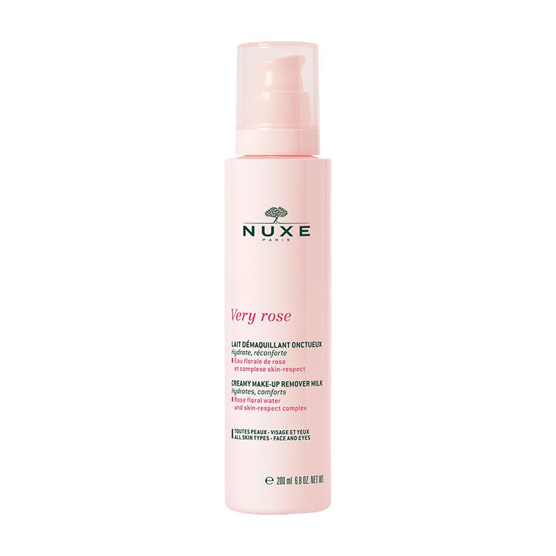 Light pink bottle of Nuxe Very Rose Creamy Make-up Remover Milk, featuring a pump dispenser and elegant branding, with a capacity of 200ml/6.8oz.
