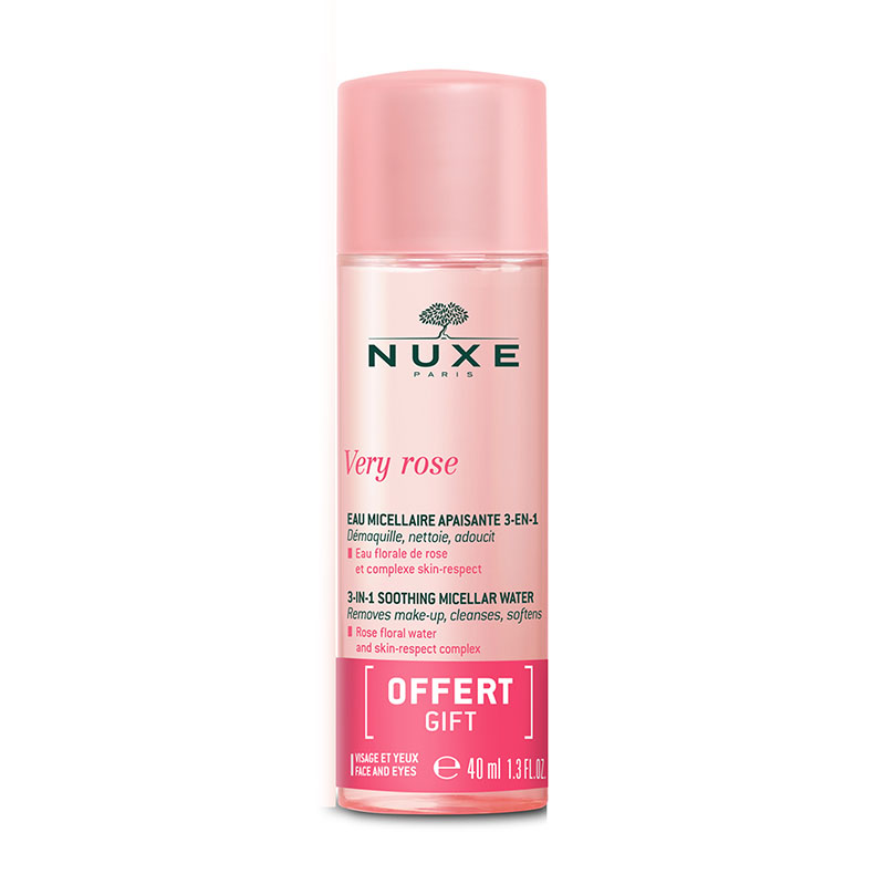 Nuxe Creme Prodigieuse Light gift set featuring a pink micellar water bottle with a floral design, labeled "Very Rose," and a sleek, elegant packaging.