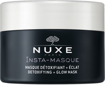 Black jar with a white lid, labeled "NUXE Insta-Masque Detoxifying + Glow" in white text, featuring a tree logo and details in French, 50 ml size.