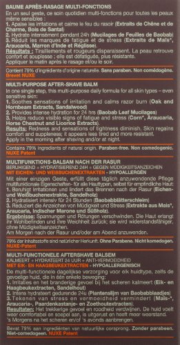 Nuxe Multipurpose Aftershave Balm for Men in a 50ml tube, featuring a dark background with white and orange text, highlighting soothing and hydrating properties.