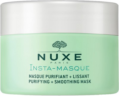 Light green jar with a white lid labeled "NUXE Insta-Masque," featuring the brand logo and product description in black text, designed for purifying and smoothing skin.