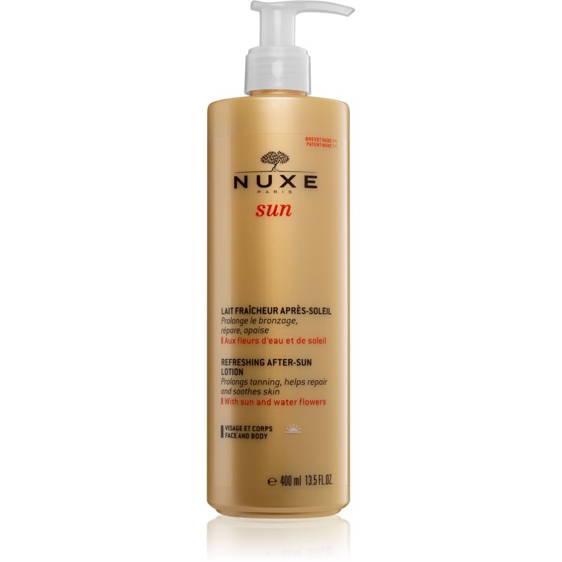 NUXE After Sun Lotion in a 400ml golden bottle with a pump dispenser, featuring a floral design and labeled "Refreshing After-Sun Lotion" for face and body.