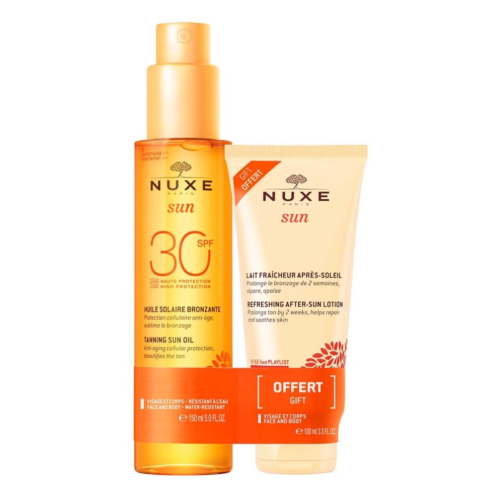 Nuxe Sun Anti-Aging Tanning Oil SPF 30 in an orange bottle and Sun Protection Lotion After Sun in a white tube, both featuring the Nuxe logo and a "Gift" label.