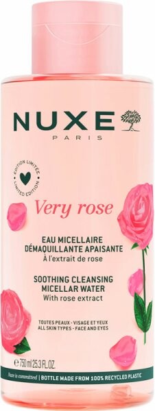 Nuxe Very Rose Micellar Cleansing Water in a pink bottle, featuring a rose extract label, 750 ml size, with a soothing formula suitable for all skin types.