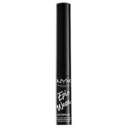 Black liquid eyeliner in a sleek, matte black tube with a pointed applicator, labeled "NYX Epic Wear" and "Waterproof" in bold white lettering.
