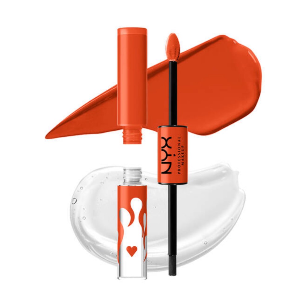 Bright orange lip gloss in a sleek tube with a black applicator, featuring a flame design, alongside a swatch of the glossy product.
