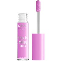 Lilac Splash lip gloss in a clear tube with a white cap, featuring a soft applicator wand, showcasing a vibrant pastel purple shade.