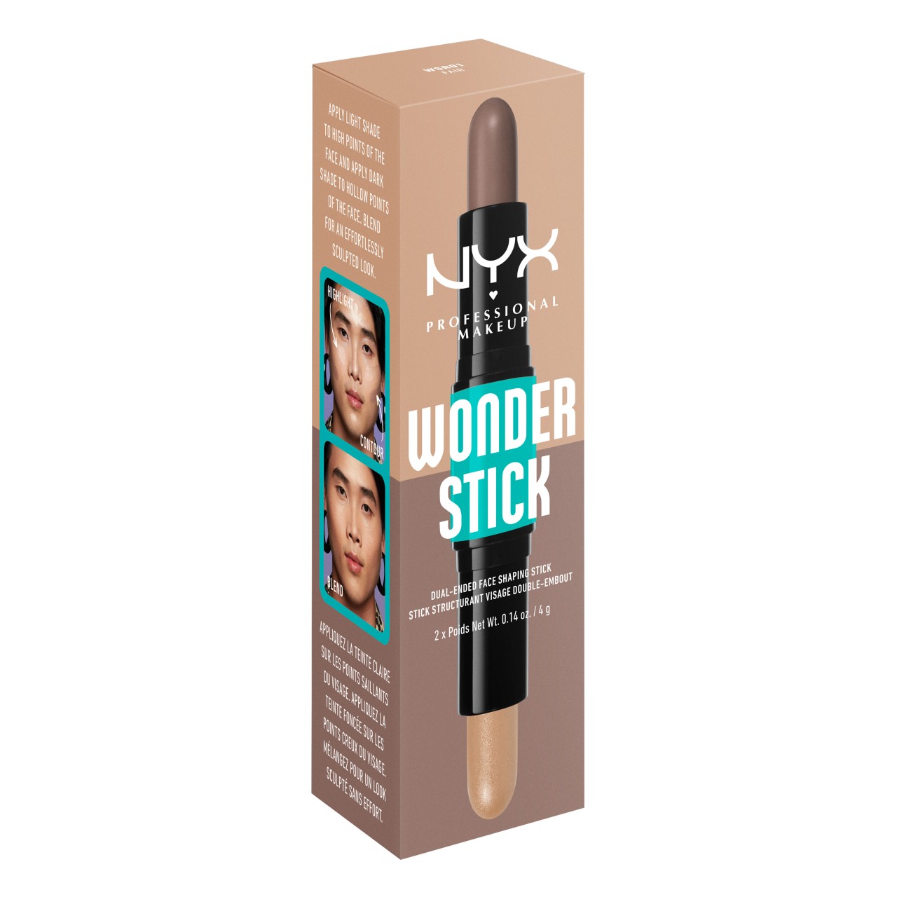 Dual-ended face shaping stick in a light beige shade, featuring a sleek design with NYX branding, packaged in a colorful box showcasing application tips and before-and-after images.