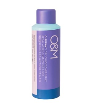 Purple and teal spray bottle labeled "O & M C Spray Dry Conditioner Spray 200ml," featuring a sleek design and text highlighting its moisturizing and smoothing benefits for hair.
