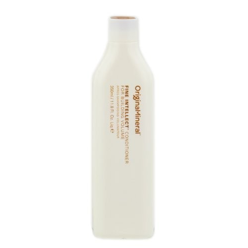 White bottle of O & M Fine Intellect Conditioner, 350ml, featuring a sleek design with gold text, promoting strengthening, repairing, and detangling hair.