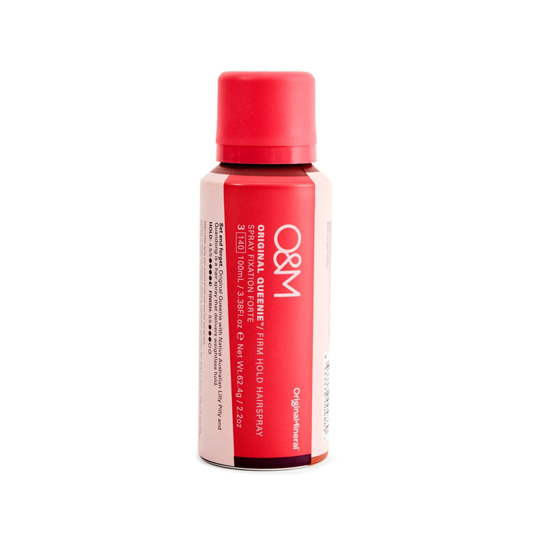 O&M Original Queenie Firm Hold hairspray in a pink and white aerosol can, featuring a bold red label with product details and a pink cap.