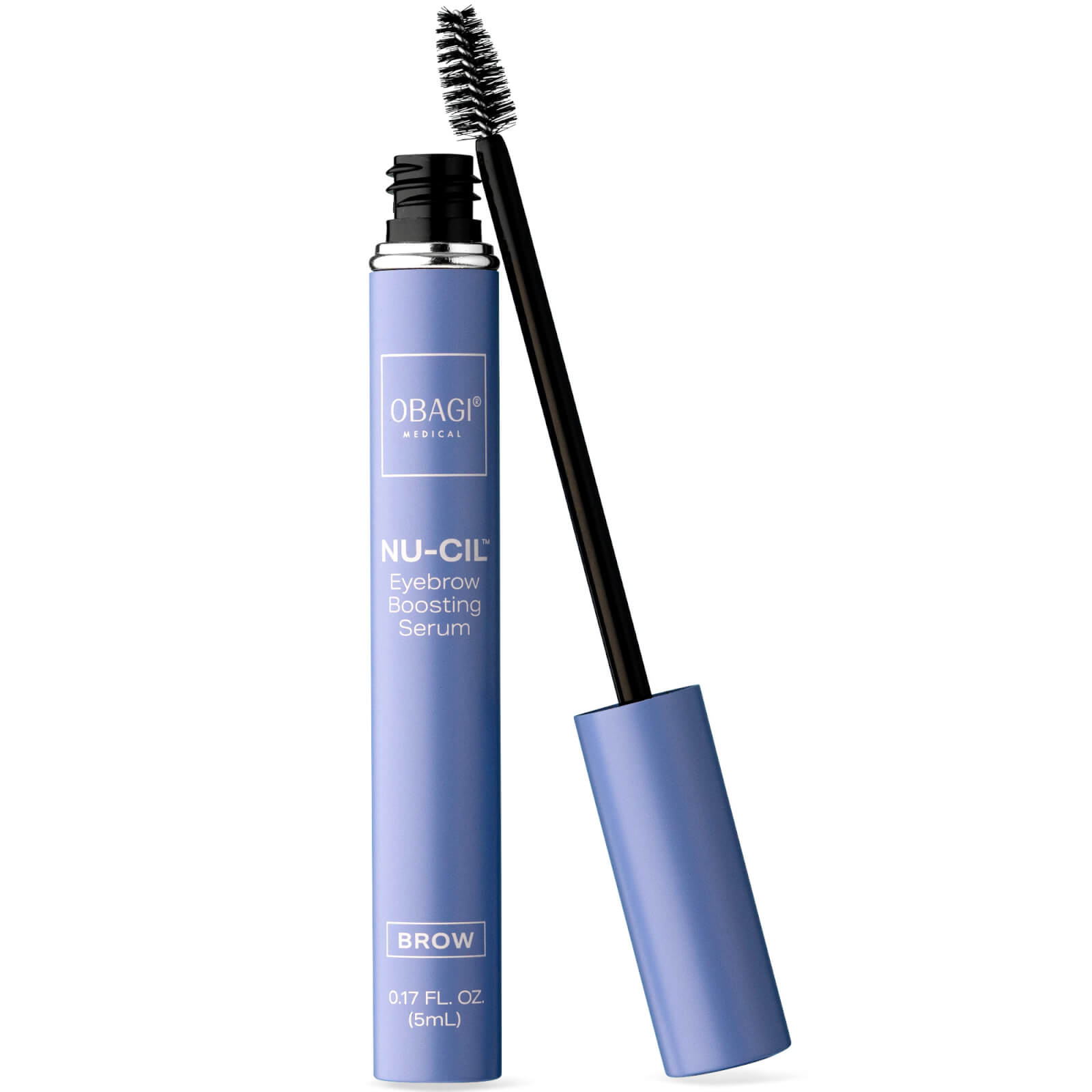 OBAGI Nu-Cil Eyebrow Growth Serum in a sleek lavender tube with a black applicator wand, featuring a soft-bristle brush for easy application, labeled with product details.