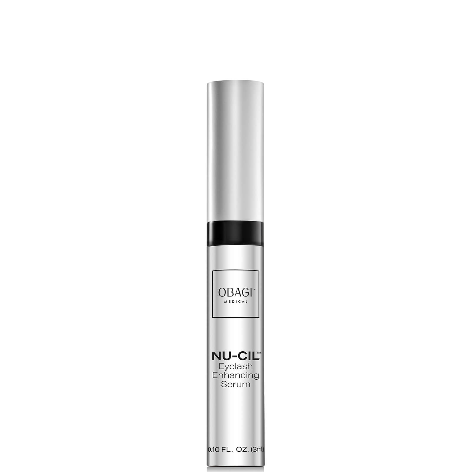 OBAGI Nu-Cil™ Renewing Lash Growth Serum in a sleek silver tube with a black cap, featuring a clear label with the product name and brand logo.