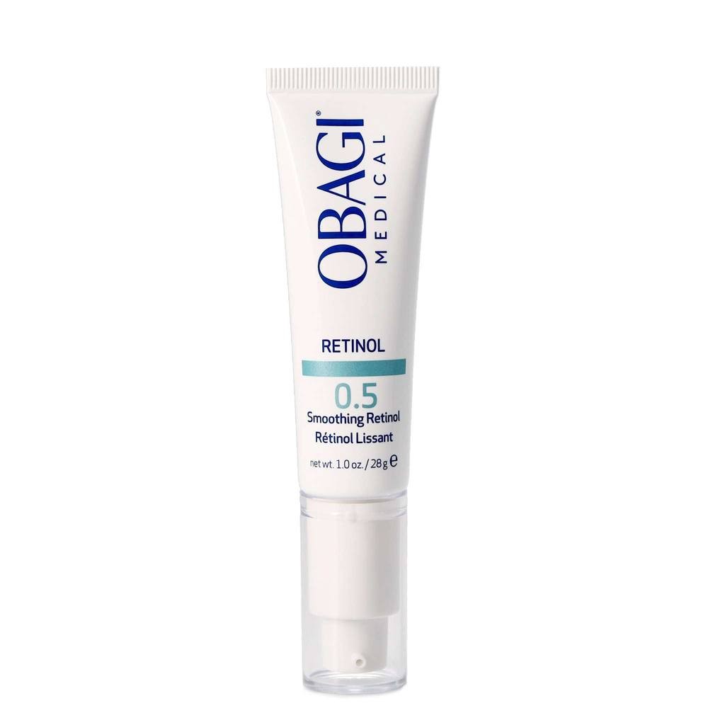 Obagi360 Retinol 0.5 Cream in a white tube with a blue and silver label, featuring a pump dispenser, size 30ml, designed for women's skincare.