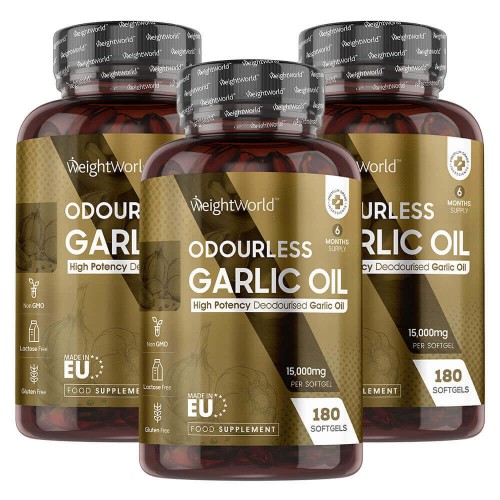 Three bottles of WeightWorld Odourless Garlic Softgels, each containing 180 softgels, with a gold and black label highlighting high strength and vegan cold-pressed formula.