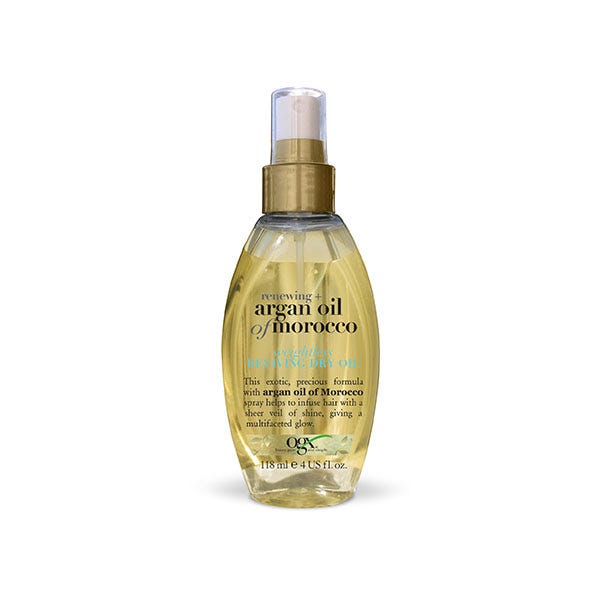 Clear glass spray bottle with a golden liquid inside, featuring a pump spray top and a label in turquoise and gold, labeled "OGX Argan Oil of Morocco Oil Mist 118 Ml."