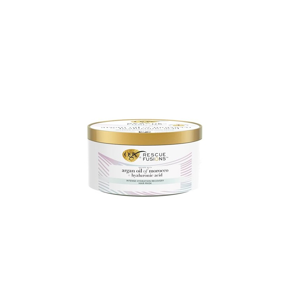 White round container with a gold lid, labeled "Rescue Fusions Intense Hydration Recovery Hair Mask" featuring pastel stripes and details about argan oil and hyaluronic acid.