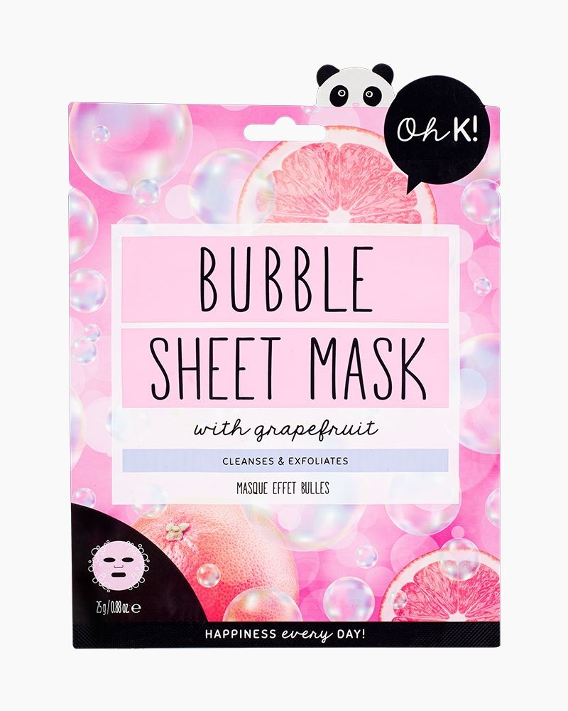 Bright pink packaging featuring the text "Bubble Sheet Mask" and "with grapefruit," adorned with grapefruit slices and bubbles, alongside a cute panda logo.
