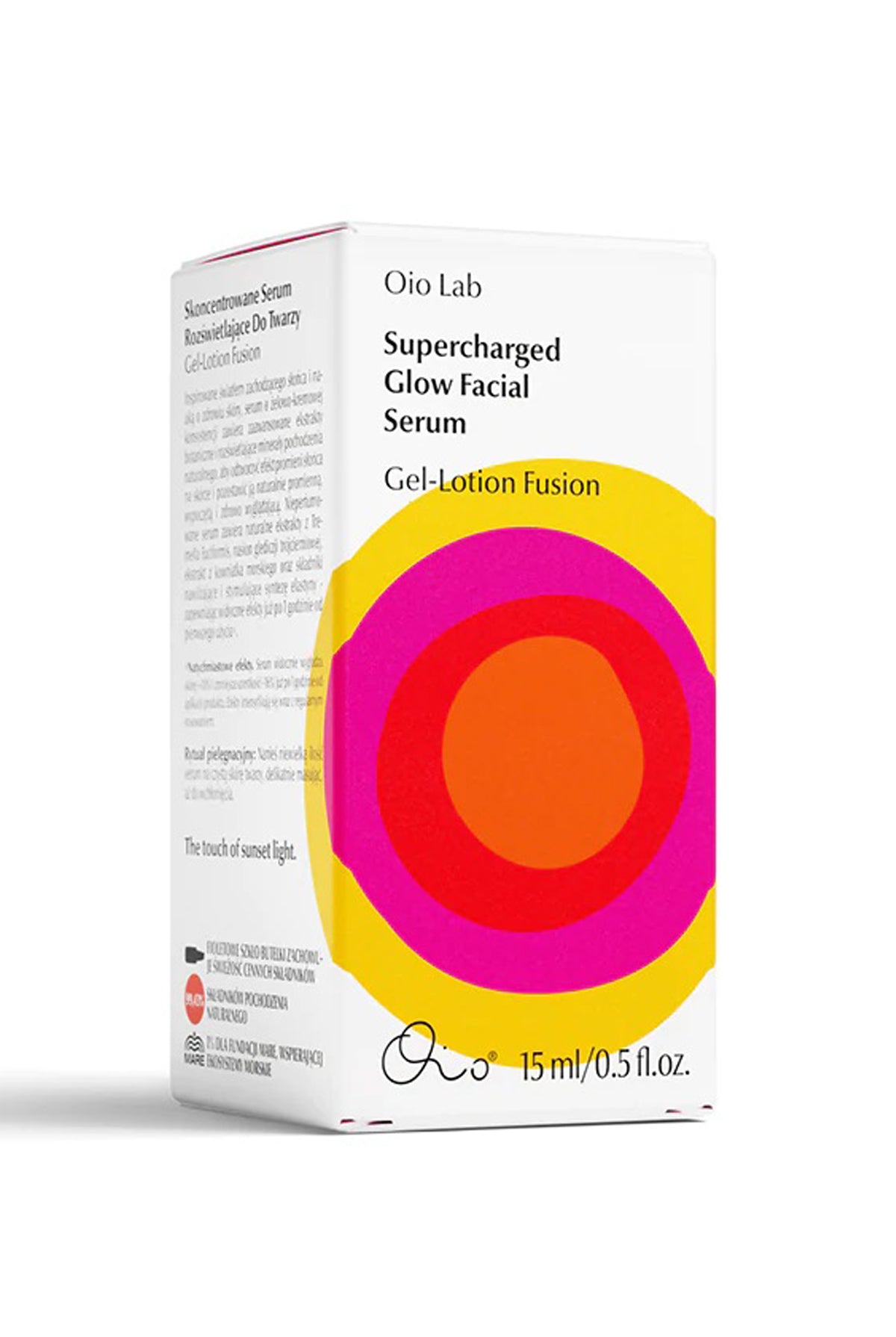 Colorful packaging featuring a vibrant design with concentric circles in pink, orange, and yellow, labeled "Oio Lab Supercharged Glow Facial Serum" with product details on the side.
