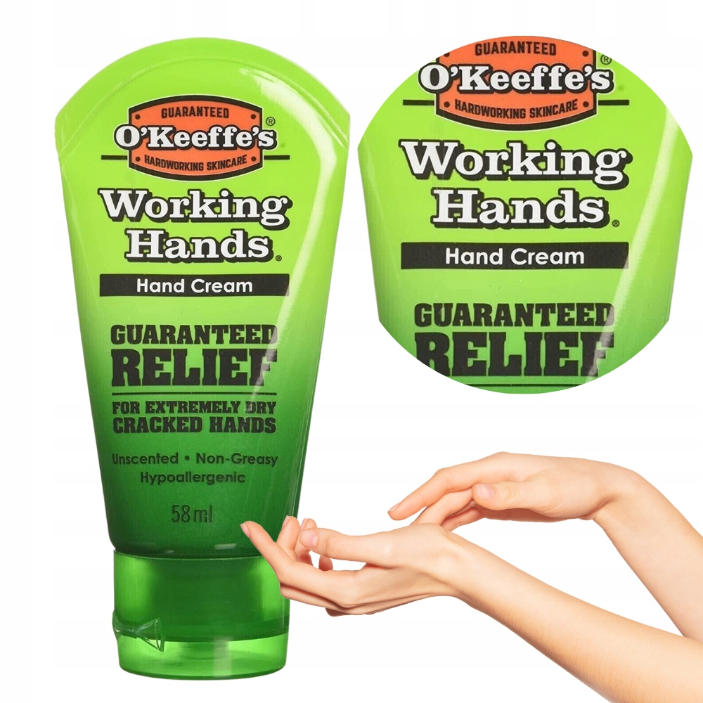 Green tube of O'Keeffe's Working Hands Cream, featuring bold black text and a label stating "Guaranteed Relief" for extremely dry, cracked hands, with a hand illustration.