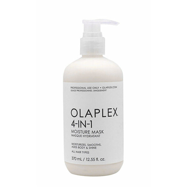 White plastic bottle with a pump dispenser, labeled "Olaplex 4-IN-1 Moisture Mask," 370ml, featuring a minimalist design and key benefits for all hair types.