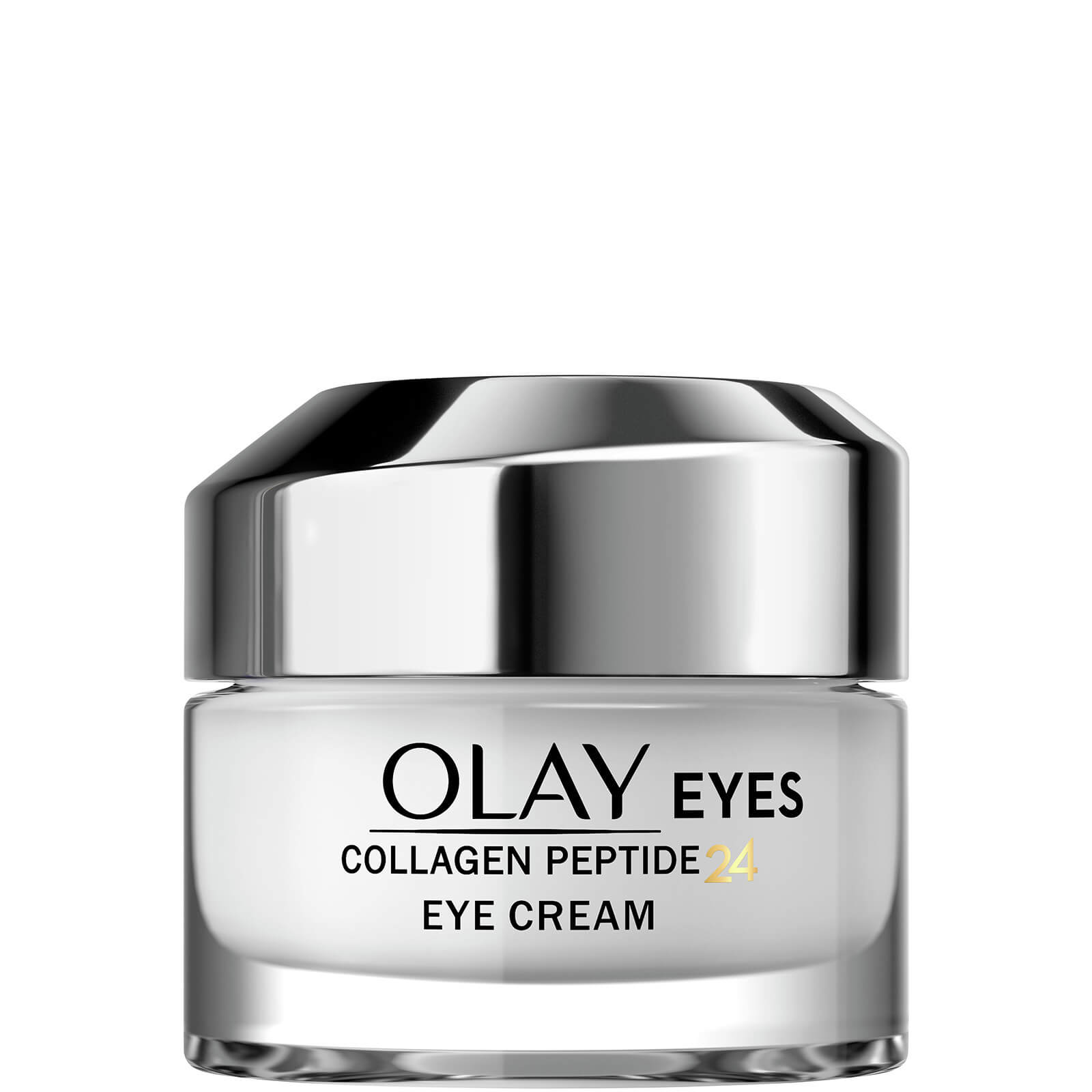 Clear glass jar with a silver lid, labeled "Olay Eyes Collagen Peptide 24 Eye Cream," featuring a sleek design, 15ml size, and a modern aesthetic.