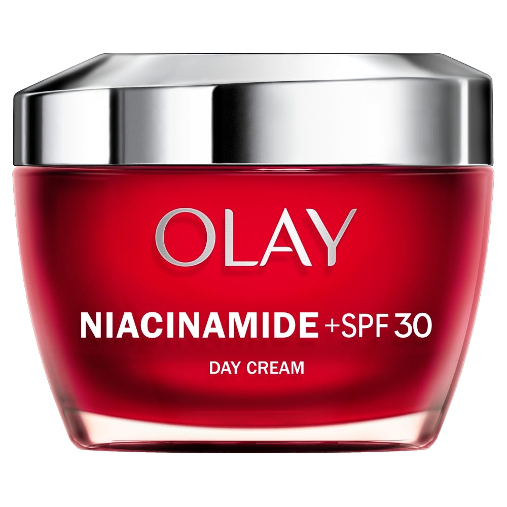 Red glass jar with a silver lid, labeled "Olay Niacinamide + SPF30 Moisturiser, Day Cream" featuring 99% pure niacinamide and vitamin E, 50ml size.