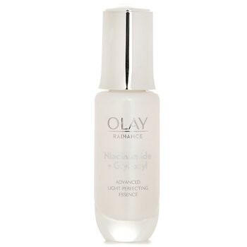 Clear glass bottle with a silver cap, containing 30ml of Olay Radiance Advanced Light Perfecting Essence, featuring white text on the front.
